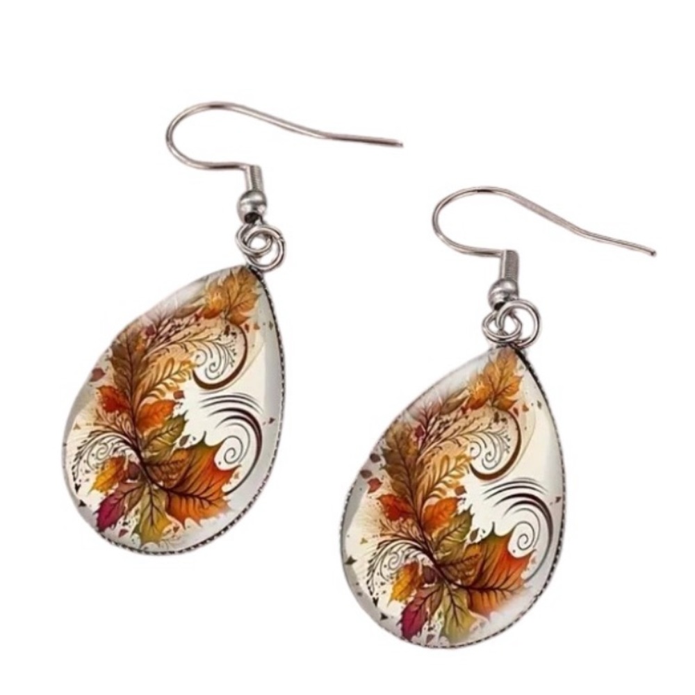 Fall Autumn Leaves Leaf Raised Pear Shaped Earrings - Picture 2 of 2